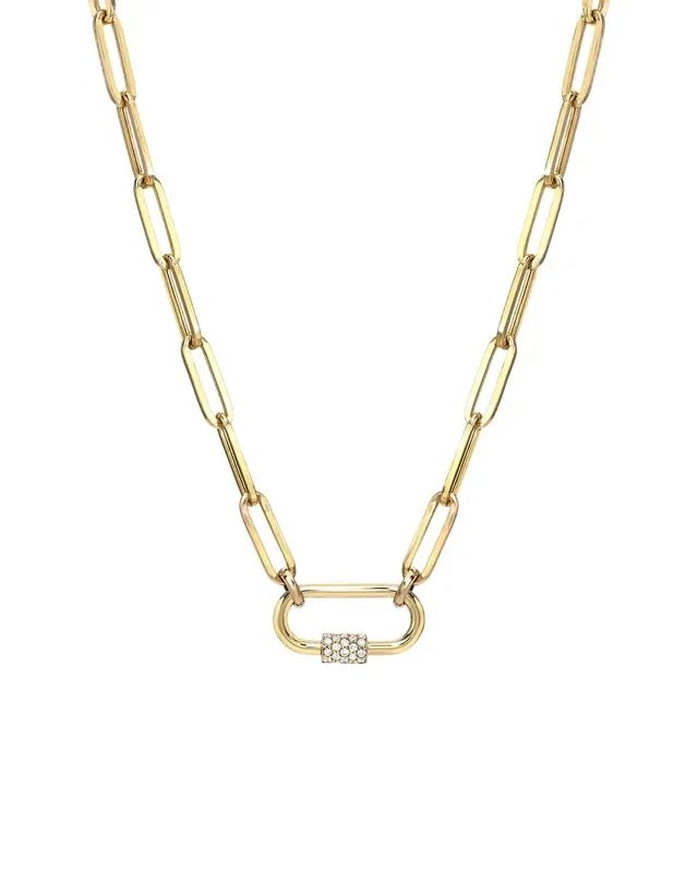 14k Gold Large Paper Clip Chain With Diamond Carabiner Necklace