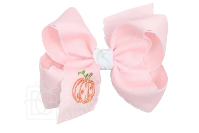 2.25 ” Embroidered Pumpkin Crochet Edge Hair Bow: Light Pink w/ White Edge