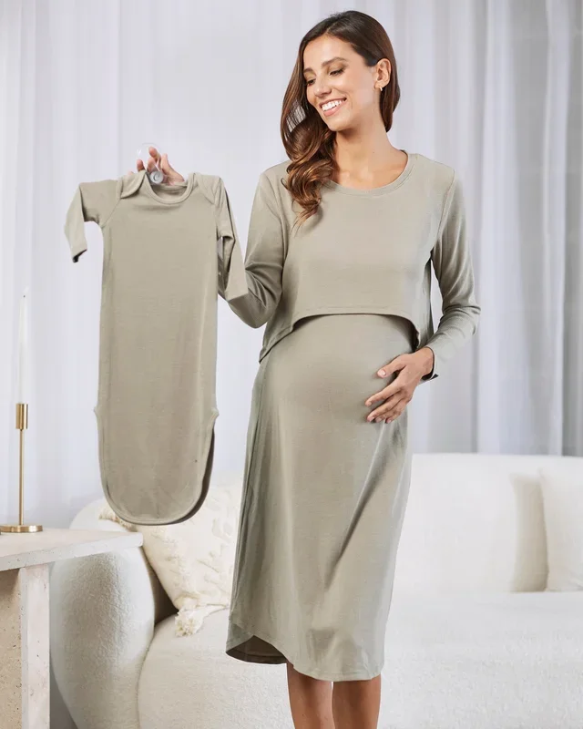 2-Piece Leah Maternity Loungewear/Sleepwear Set + Matching Baby Onesie – Sage Green