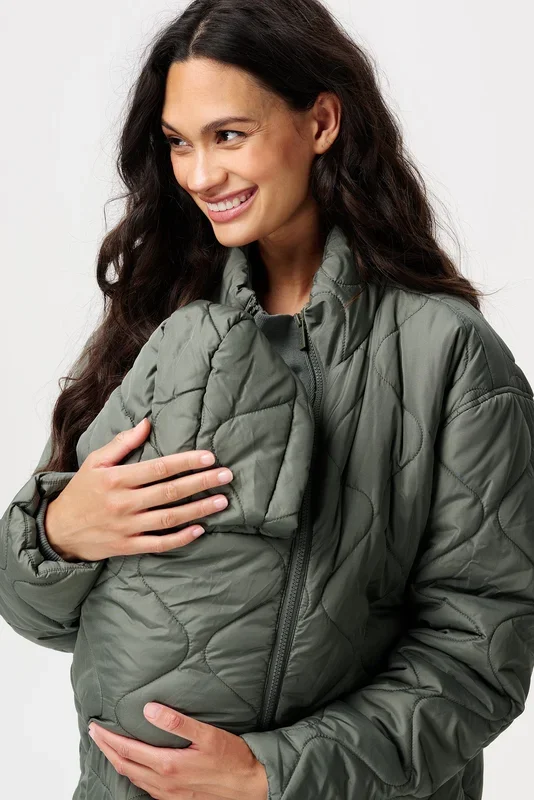 3-in-1 maternity quilted coat and babywearing jacket, olive green