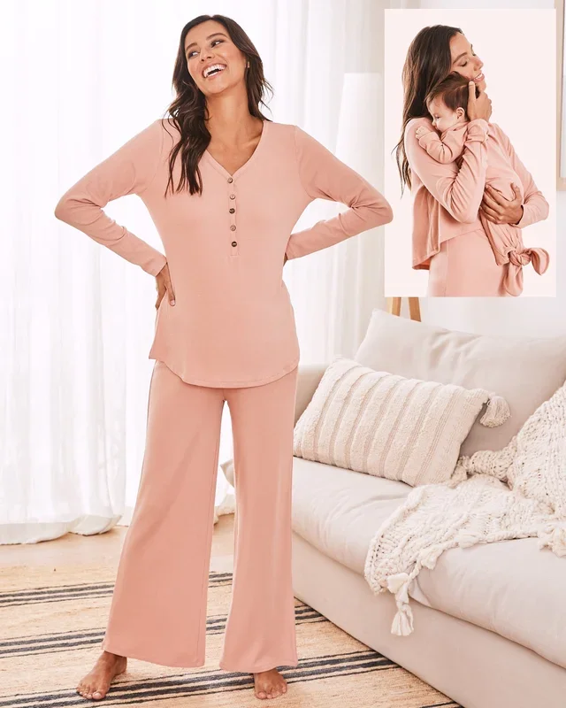 3-Piece Isabelle Maternity Loungewear / Sleepwear Set – Dusty Pink