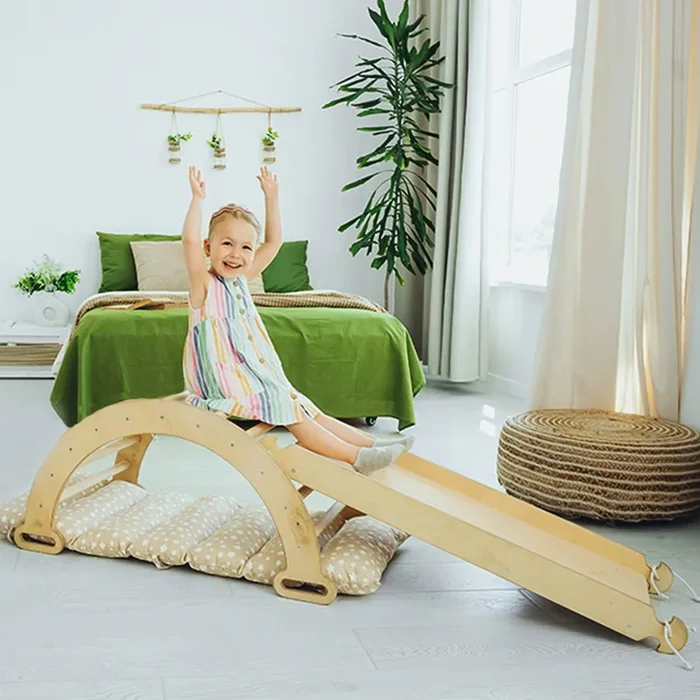3in1 Montessori Climbing Set: Climbing Arch + Slide Board + Cushion – Beige