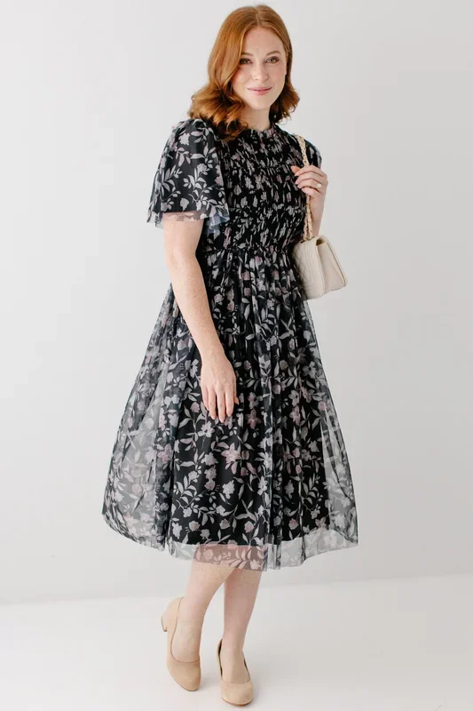 ‘Anastasia’ Printed Mesh Smocked Midi Dress