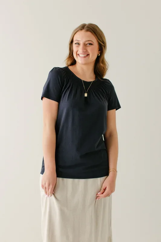 ‘Bethany’ Smocked Neckline Short Sleeve Top in Navy FINAL SALE