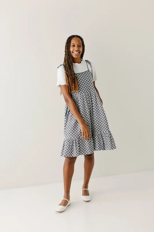 ‘Bree’ Tie Strap Checkered Knee Length Dress in Medium Wash FINAL SALE