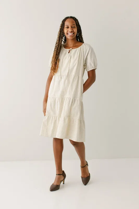 ‘Carmella’ Printed Tiered Knee Length Dress in Cream FINAL SALE