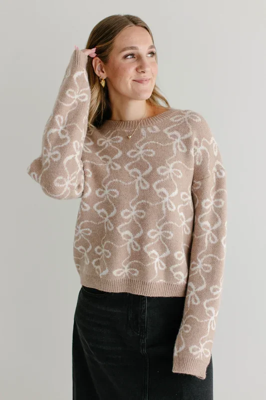 ‘Chloe’ Bow Print Sweater in Light Mocha FINAL SALE