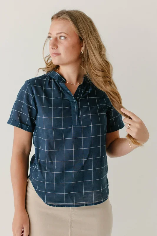 ‘Darla’ Windowpane Print Top in Navy FINAL SALE