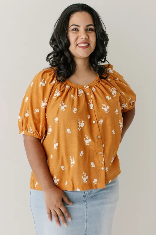‘Dinah’ Embroidered Cotton Button Down Top in Ochre FINAL SALE