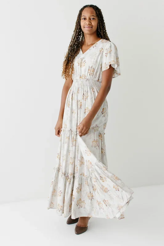 ‘Elizabeth’ Gold Floral Tiered Maxi Dress in Antique White FINAL SALE