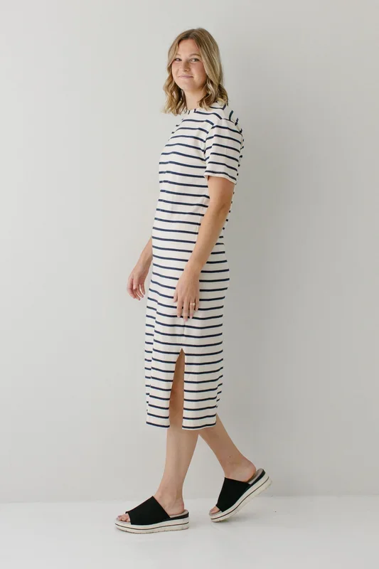 ‘Joelle’ Textured Navy Stripe Shift Dress in Cream FINAL SALE