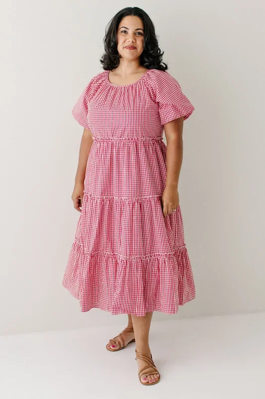 ‘Josephine’ Cotton Gingham Tiered Midi Dress in Red FINAL SALE