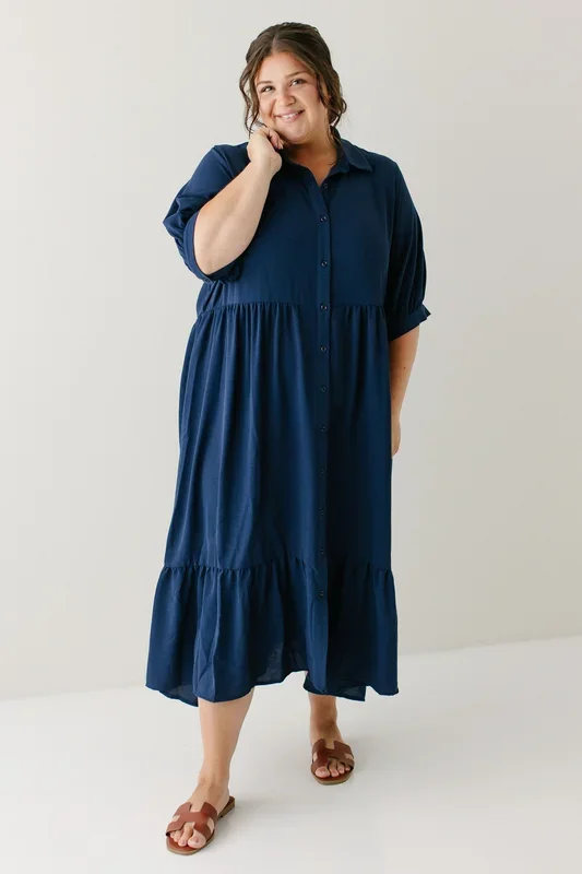 ‘Libby’ Collared Button Down Midi Dress in Dark Blue FINAL SALE