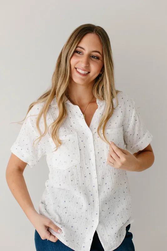 ‘Liz’ Floral Cotton Gauze Button Down Top in White FINAL SALE