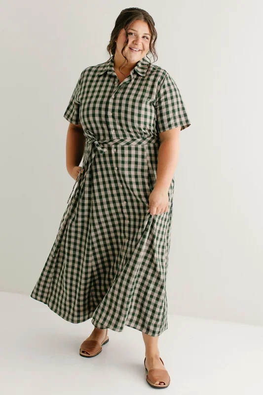 ‘Mae’ Green Gingham A-Line Cotton Shirtdress FINAL SALE