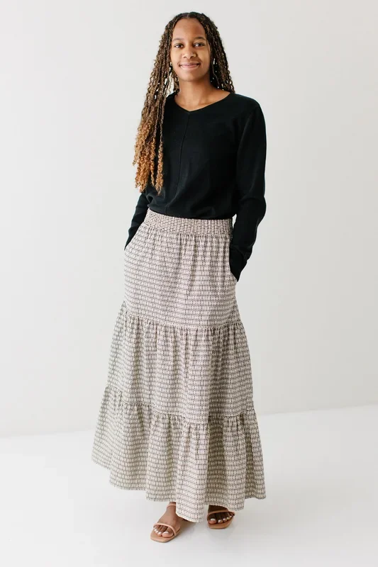 ‘Moana’ Daisy Gingham Tiered Maxi Skirt in Light Beige FINAL SALE
