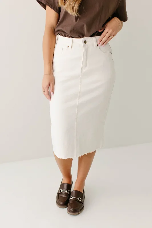 ‘Parker’ High Waist Raw Edge Denim Skirt in Alabaster