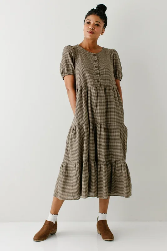 ‘Prudence’ Button Up Tiered Gingham Midi Dress