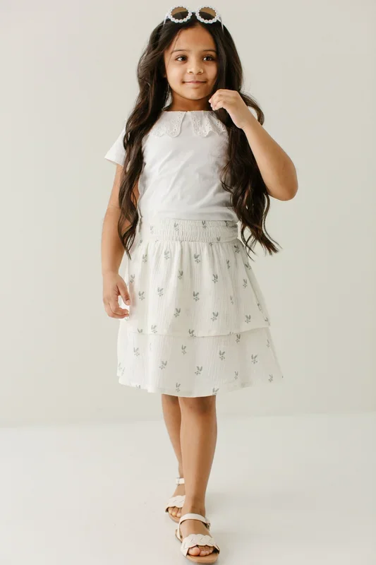‘Sally’ Girl Leaf Print Tiered Cotton Skirt in Cream FINAL SALE