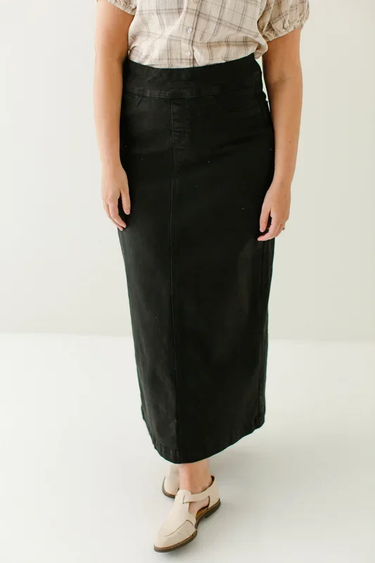 ‘Sara’ Long Stretch Denim Skirt in Black FINAL SALE