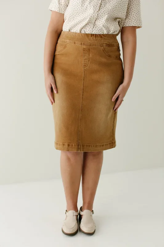 ‘Sara’ Stretch Denim Knee Length Skirt in Camel FINAL SALE