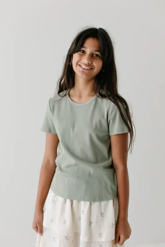 ‘Shelly’ Girl Ribbed Tee in Light Sage FINAL SALE