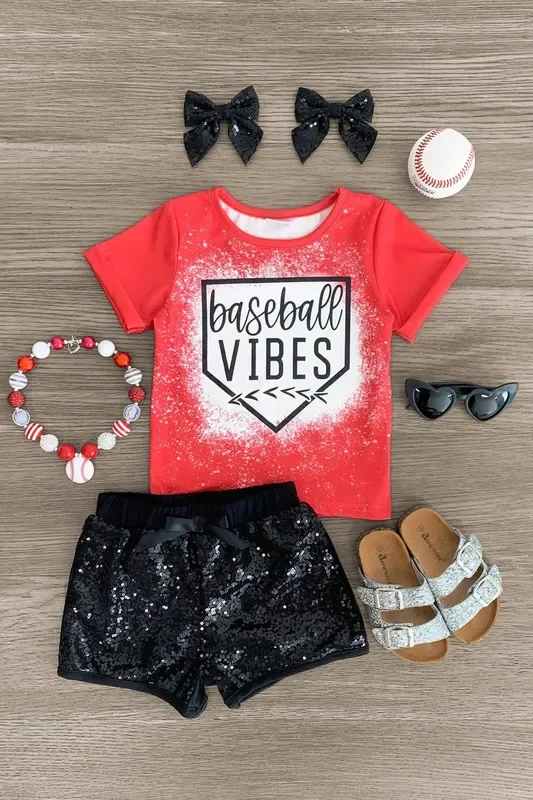“Baseball Vibes ” Sequin Short Set