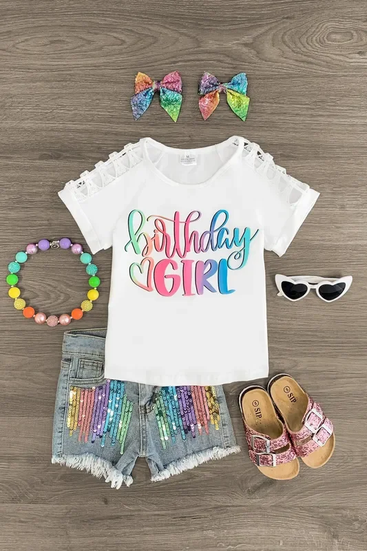“Birthday Girl ” Rainbow Sequin Denim Short Set