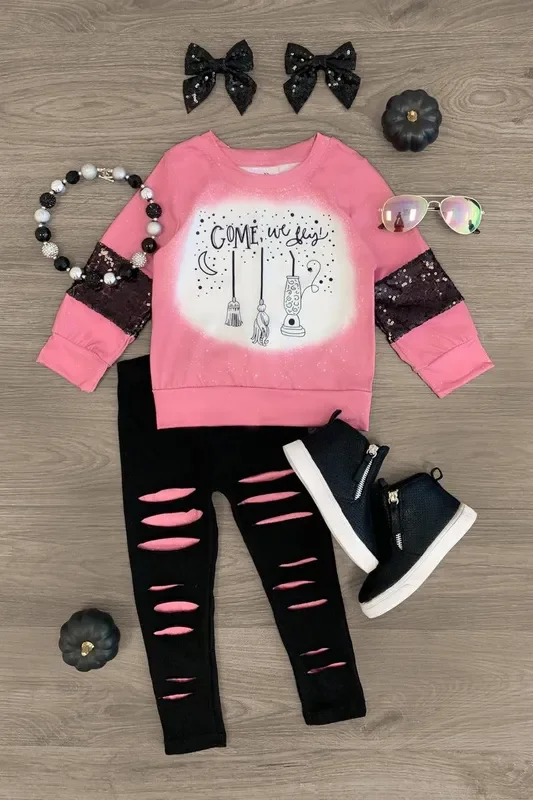 “Come We Fly ” Pink Distressed Legging Set