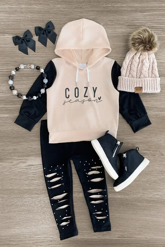 “Cozy Season ” Distressed Hoodie Legging Set