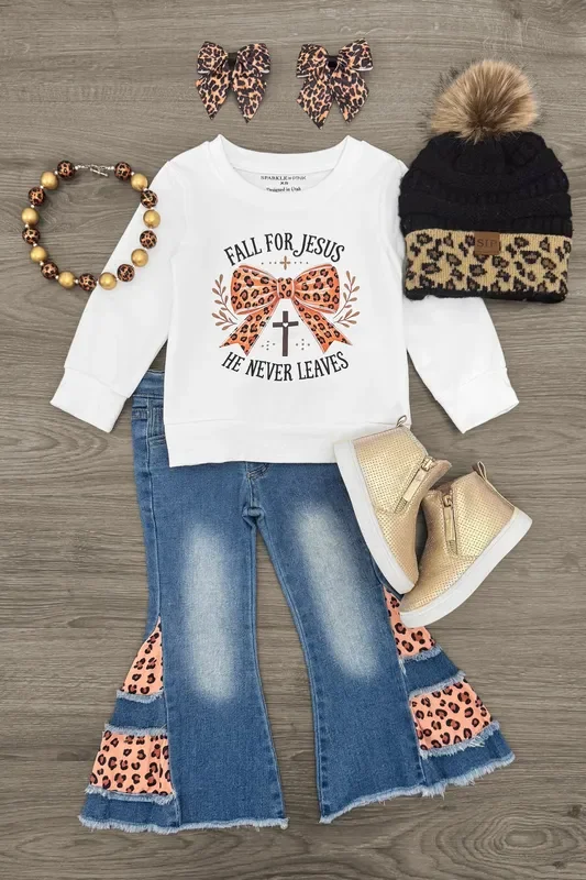 “Fall For Jesus… ” Cheetah Denim Flare Set