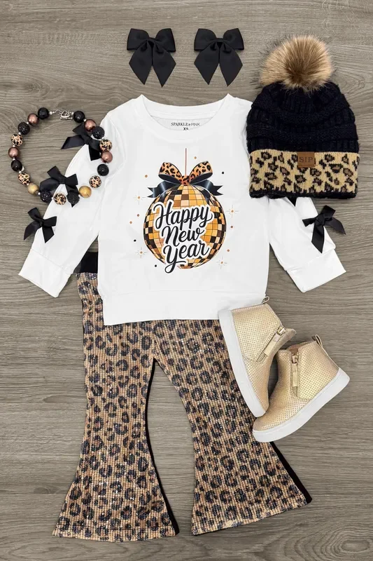 “Happy New Year ” Sequin Leopard Flare Set