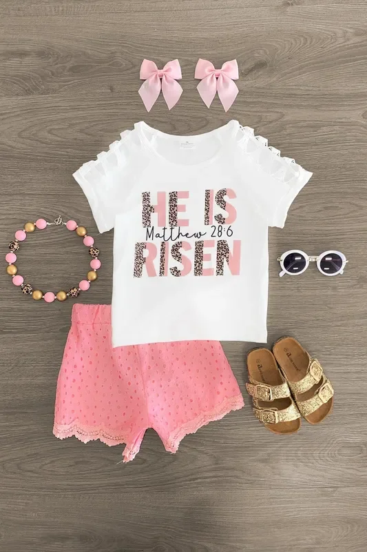 “He Is Risen ” White & Pink Short Set