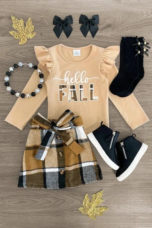 “Hello Fall ” Brown Plaid Skirt Set