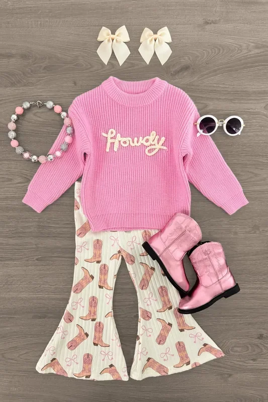 “Howdy ” Pink Cowgirl Bell Bottom Set