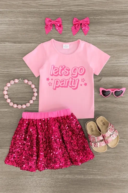 “Let’s Go Party ” Pink Sequin Skirt Set