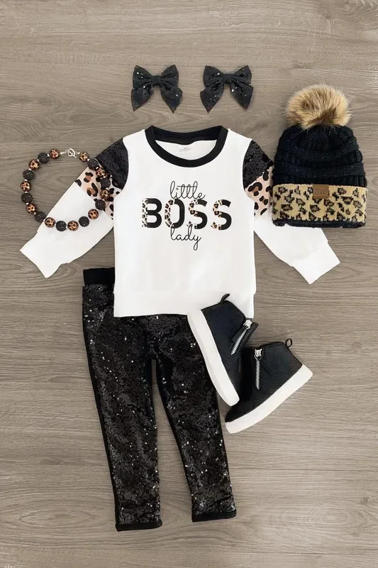 “Little Boss Lady ” Black Sequin Legging Set