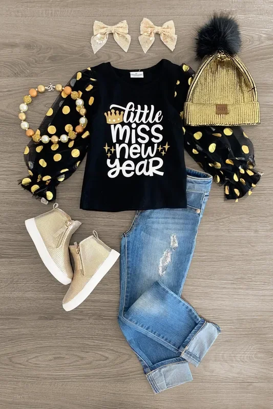 “Little Miss New Year ” Black Puff Sleeve Top