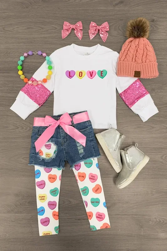 “Love ” Candy Heart Legging & Denim Short Set