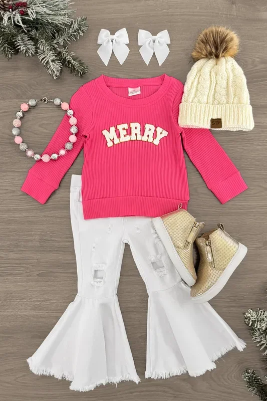 “Merry ” White Denim Bell Bottom Set