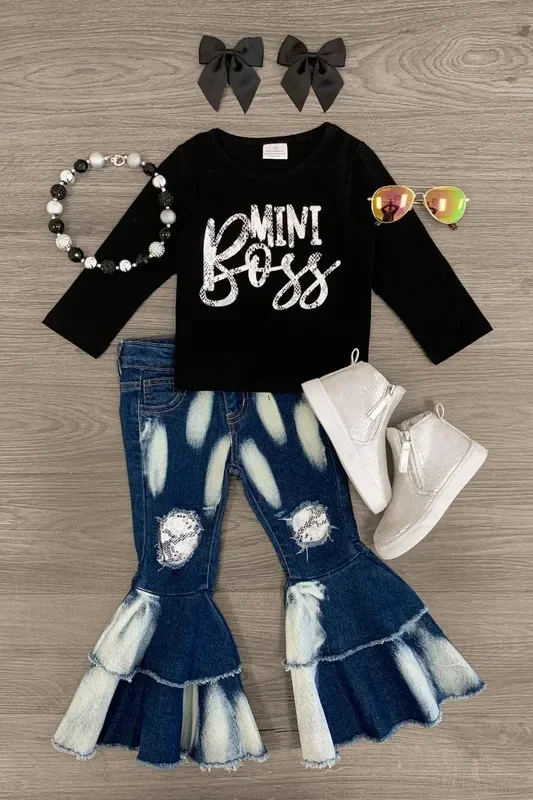 “Mini Boss ” Snakeskin Distressed Denim Pant Set
