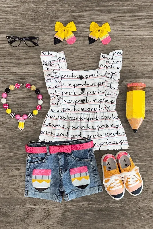 “Pre-K – Sixth Grade ” Notebook Denim Short Set