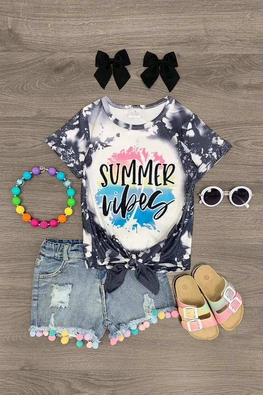 “Summer Vibes ” Tie Top Pom Pom Denim Short Set