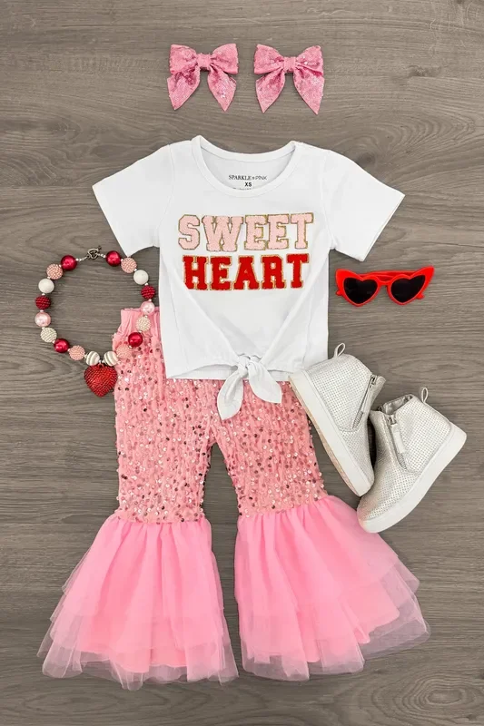 “Sweet Heart ” Pink Sequin Bell Bottom Set