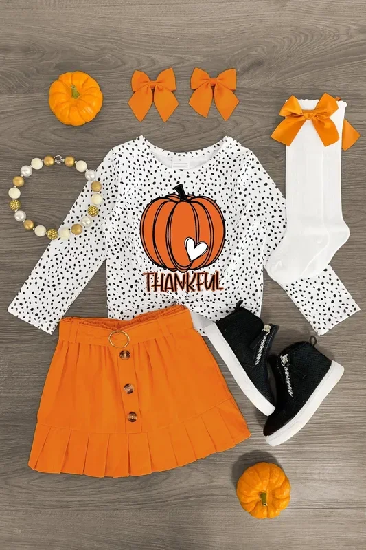“Thankful ” White & Orange Pumpkin Skirt Set