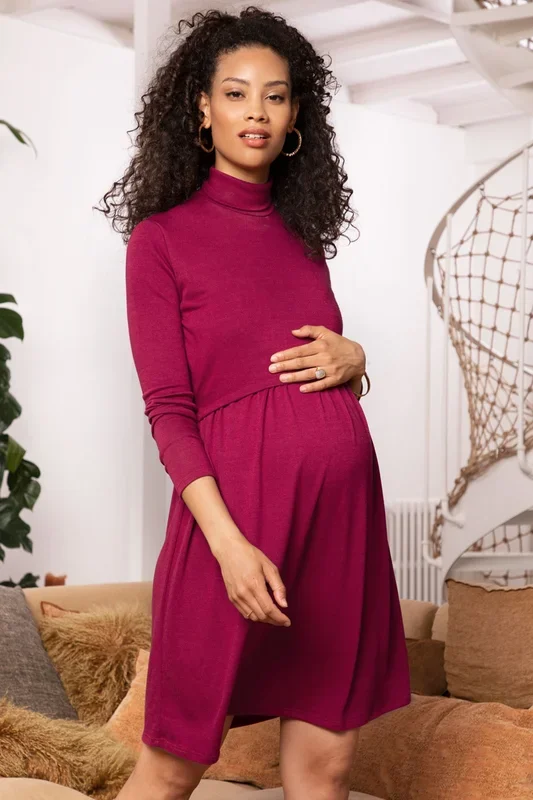 A-line maternity and nursing dress with roll neck, berry