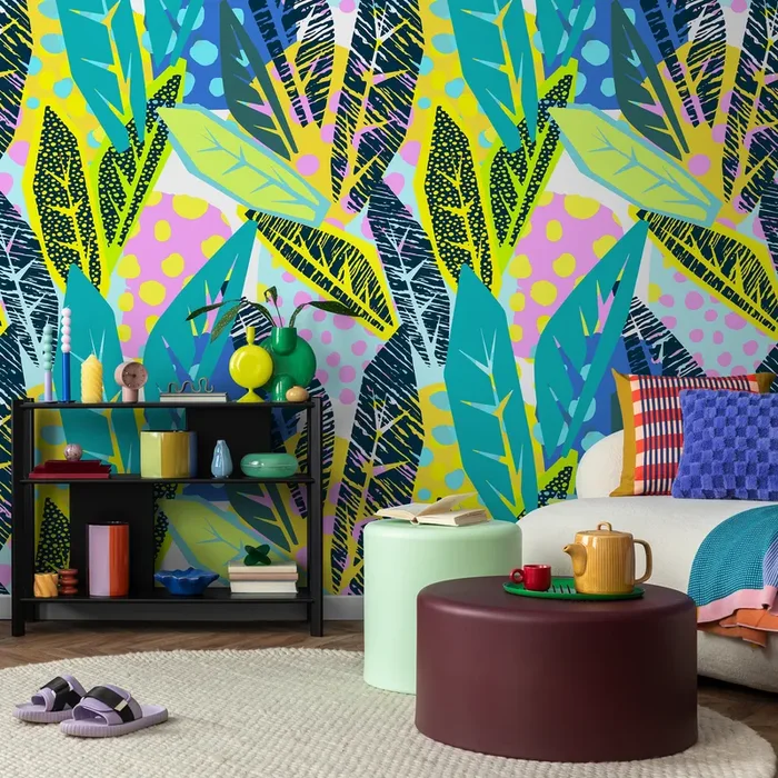 Abstract Botanical Wallpaper With A Colorful Leaf Collage In Yellow, Blue, And Pink – B181