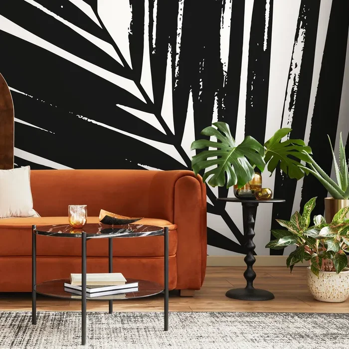 Abstract Botanical Wallpaper With Graphic Leaves In Black And White – B354