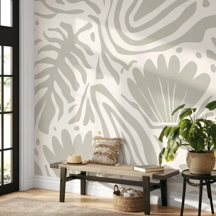 Abstract Botanical Wallpaper With Organic Leaf Shapes In Sage Green And Cream – D716