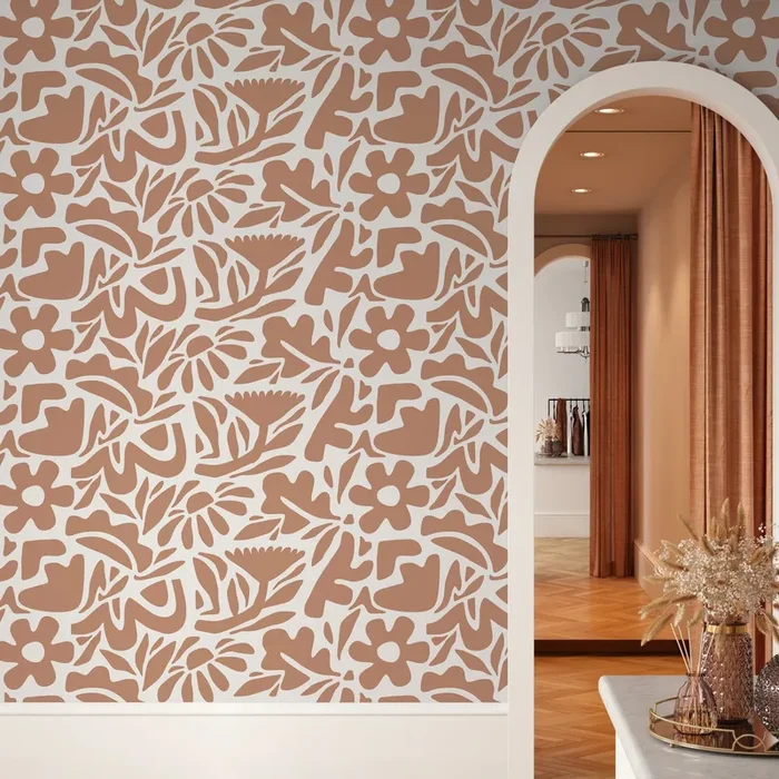 Abstract Floral Wallpaper With A Cutout Botanical Motif In Terracotta Orange – D674